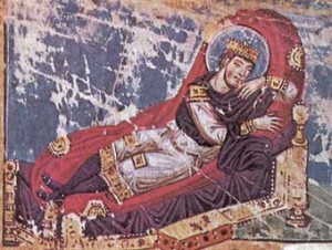 Constantijn slaapt; zodadelijk zal Jezus aan hem verschijnen. Miniatuur uit de 9de eeuw.