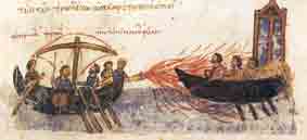 Het Griekse vuur vernietigt Arabieren tijdens de belegering van Constantinopel (13de eeuws handschrift).