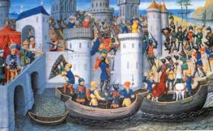 De kruisvaarders nemen Constantinopel in.