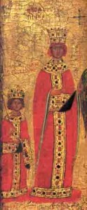 Keizerin Theodora en haar zoon Michael III op een laat- 14de eeuwse ikoon uit Constantinopel.