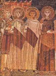Constantijn IV, met links van hem zijn broers die hij de neus liet afsnijden en zijn zoon Justinianus II (Ravenna, San Apollinare in Classe, 7de eeuw).