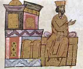 Keizer Basilius op zijn gouden troon. Miniatuur,11e eeuw.