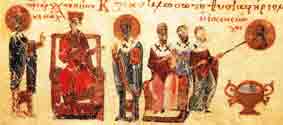 De keizer debatteert met geestelijken terwijl ikonoklasten in zijn opdracht een ikoon wegpoetsen (handschrift uit 1066).