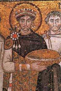 Mozaïek van keizer Justinianus I in de San Vitale te Ravenna (6e eeuw).