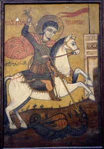 Joris en de draak; koptische ikoon van Ibrahim al- Nasikh, achttiende eeuw; Coptic Museum, Cairo.