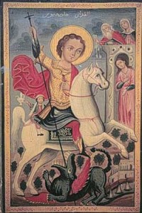 Joris, de draak en het slaafje van Mitilini; Palestijnse ikoon geschilderd door Michael Mhanna al Qudsi, tweede helft van de negentiende eeuw; collectie Antoine Touma.
