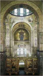 H. Sofiakathedraal, Kiëv, interieur met 11e eeuwse absismozaïeken en een 18e eeuwse ikonostase