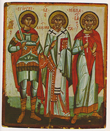 Hh. Clemens, Georgius, Menas, tweede helft 14de eeuw, Russische ikoon Novgorod, Ikonen-Museum Frankfurt